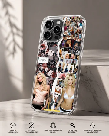 A decorative phone case featuring a nostalgic pop music photo collage with a split tear design — Specs