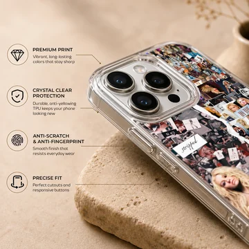 A decorative phone case featuring a nostalgic pop music photo collage with a split tear design — Info