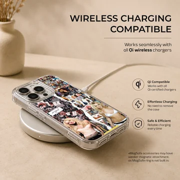 A decorative phone case featuring a nostalgic pop music photo collage with a split tear design — Charging