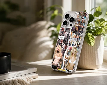 A decorative phone case featuring a nostalgic pop music photo collage with a split tear design — Lifestyle