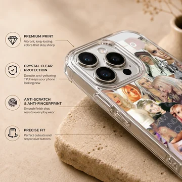 A photo collage phone case featuring pop music memorabilia and portraits of a female singer — Info