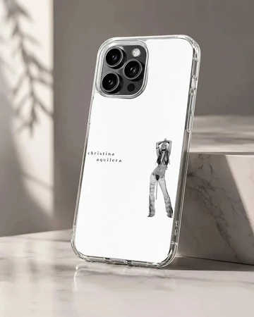 Monochrome photographic print of a famous singer with minimalist lowercase typography on a white phone case