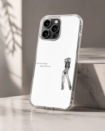 Monochrome photographic print of a famous singer with minimalist lowercase typography on a white phone case — Hero