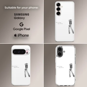 Monochrome photographic print of a famous singer with minimalist lowercase typography on a white phone case — Collage
