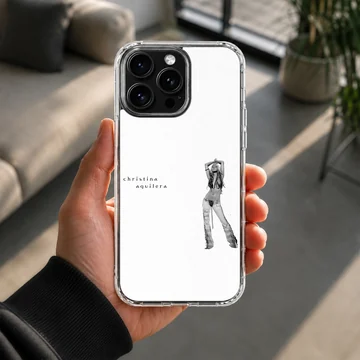 Monochrome photographic print of a famous singer with minimalist lowercase typography on a white phone case — Lifestyle