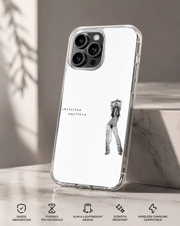Monochrome photographic print of a famous singer with minimalist lowercase typography on a white phone case — Specs