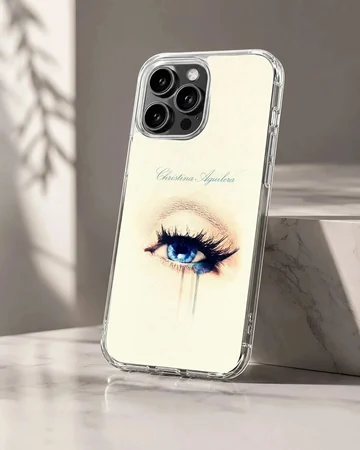 Detailed artwork of a striking blue eye with long lashes on a phone case