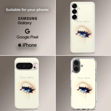Detailed artwork of a striking blue eye with long lashes on a phone case — Collage