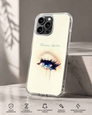 Detailed artwork of a striking blue eye with long lashes on a phone case — Specs