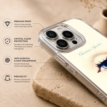 Detailed artwork of a striking blue eye with long lashes on a phone case — Info