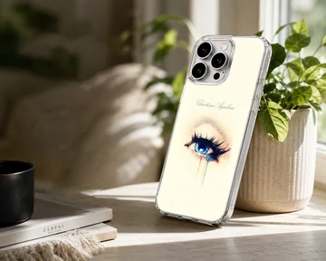 Detailed artwork of a striking blue eye with long lashes on a phone case — Lifestyle