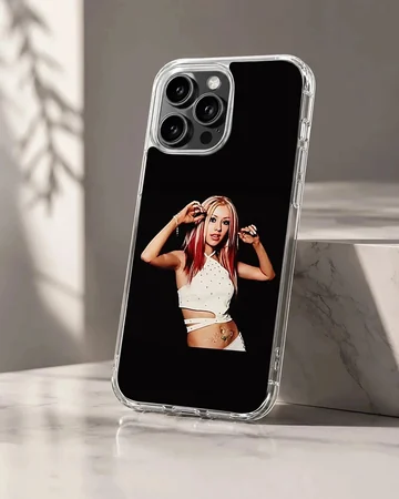 Pop icon portrait with red highlighted hair and white outfit on a black background phone case