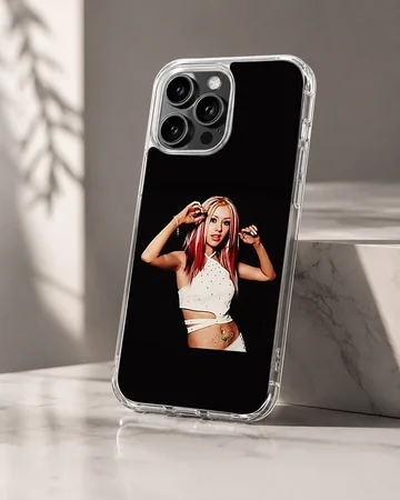 Pop icon portrait with red highlighted hair and white outfit on a black background phone case — Hero