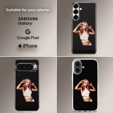 Pop icon portrait with red highlighted hair and white outfit on a black background phone case — Collage