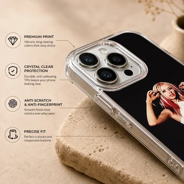 Pop icon portrait with red highlighted hair and white outfit on a black background phone case — Info