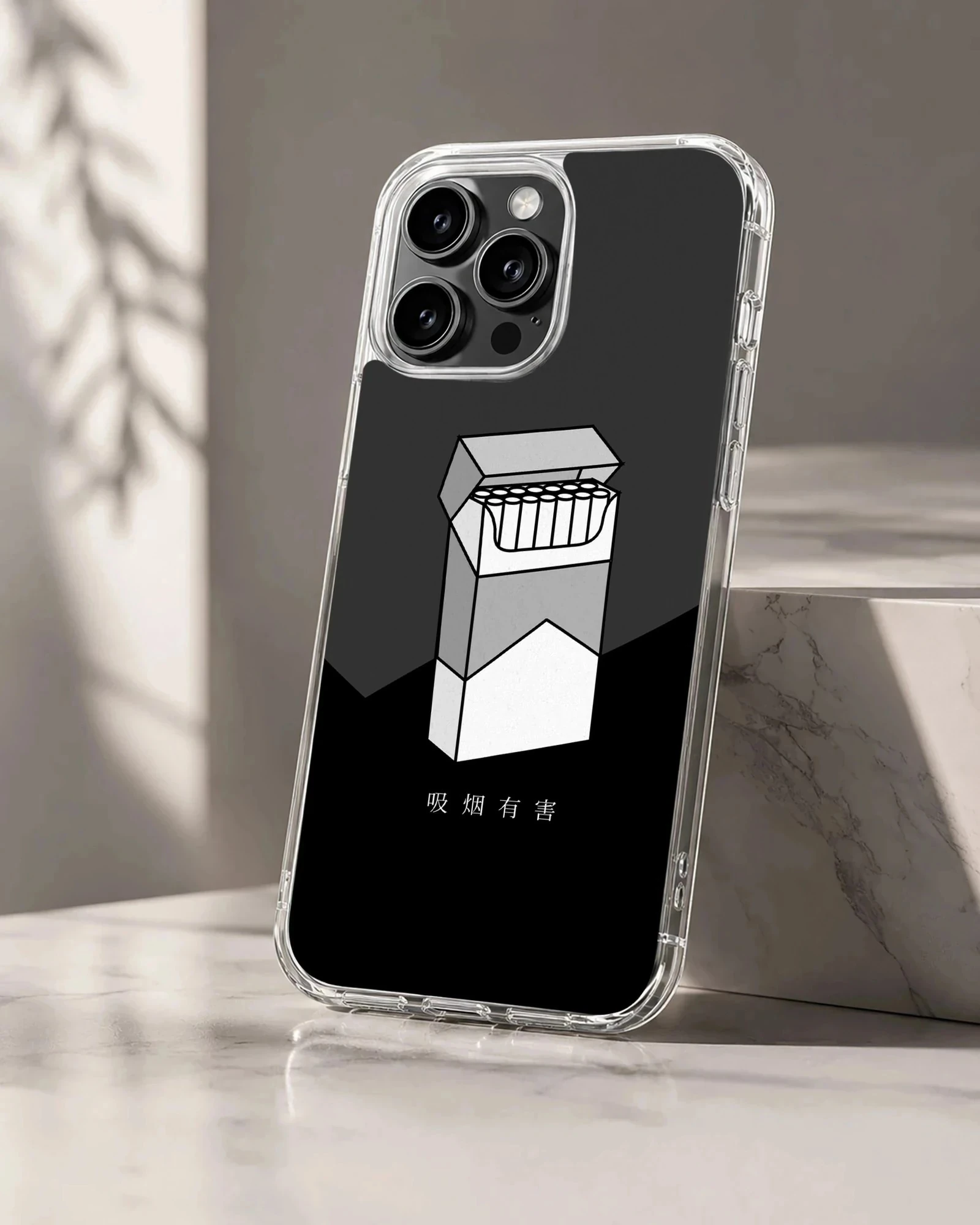 Monochrome illustration of a cigarette pack with Asian text on a black background phone case