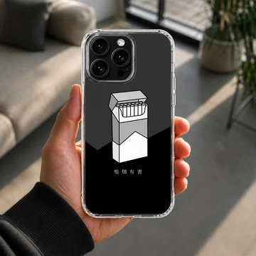 Monochrome illustration of a cigarette pack with Asian text on a black background phone case — Lifestyle