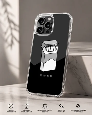 Monochrome illustration of a cigarette pack with Asian text on a black background phone case — Specs