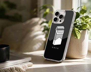 Monochrome illustration of a cigarette pack with Asian text on a black background phone case — Lifestyle