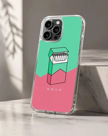 Digital illustration of a cigarette pack against a green and pink background on a phone case