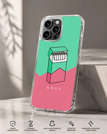 Digital illustration of a cigarette pack against a green and pink background on a phone case — Specs
