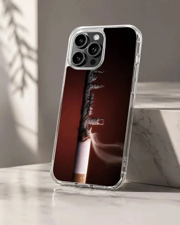 Close-up photographic print of a burning cigarette with detailed ash and smoke on a phone case
