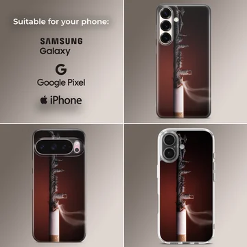 Close-up photographic print of a burning cigarette with detailed ash and smoke on a phone case — Collage
