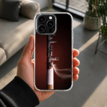 Close-up photographic print of a burning cigarette with detailed ash and smoke on a phone case — Lifestyle