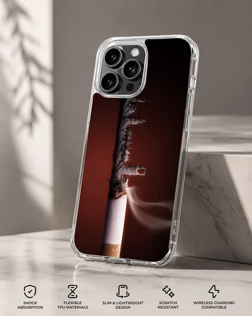 Close-up photographic print of a burning cigarette with detailed ash and smoke on a phone case — Specs