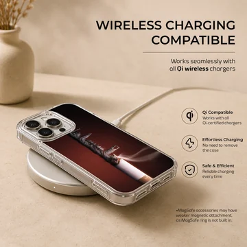 Close-up photographic print of a burning cigarette with detailed ash and smoke on a phone case — Charging