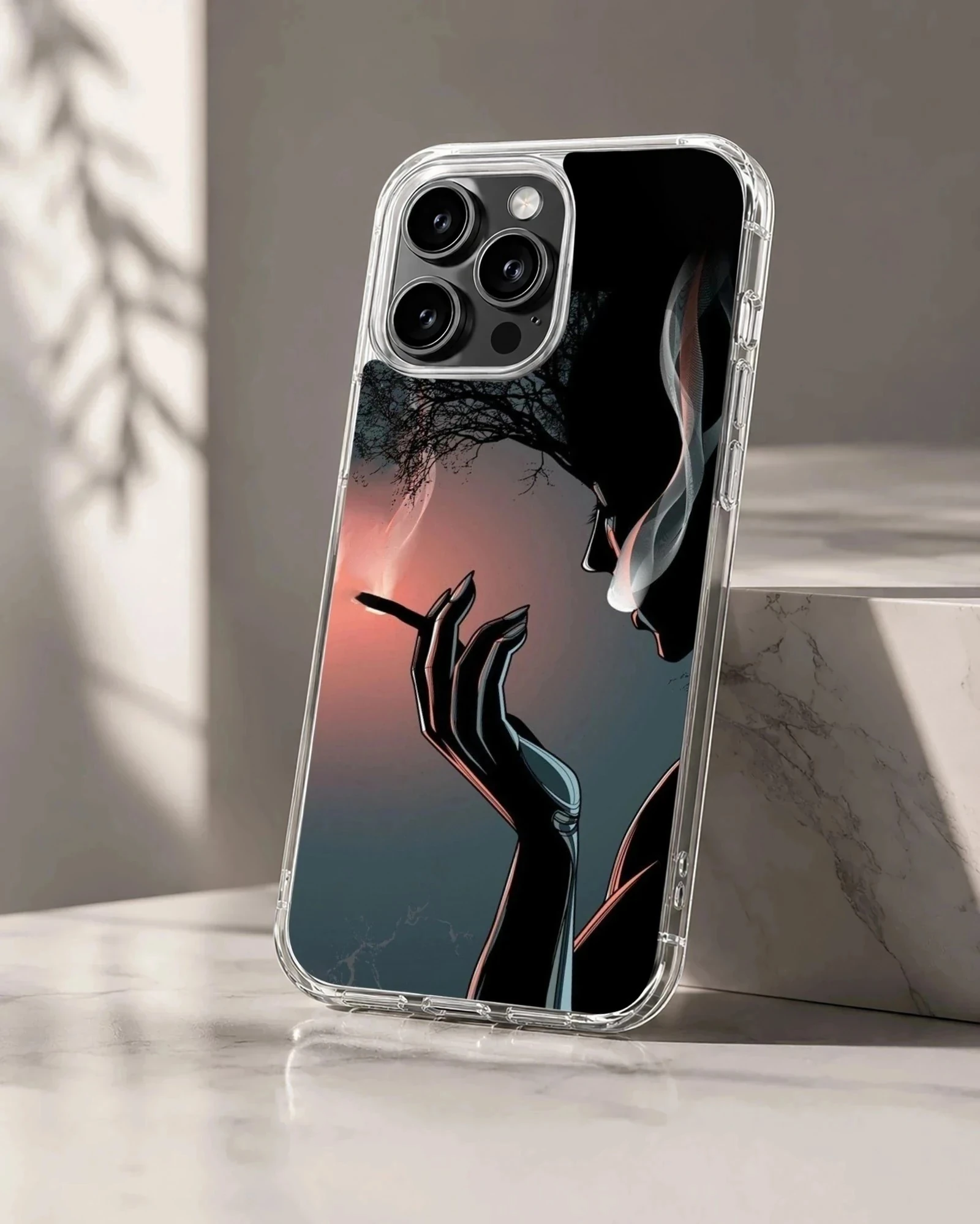 Digital illustration phone case featuring a shadowy silhouette holding a cigarette with swirling smoke against a sunset backdrop
