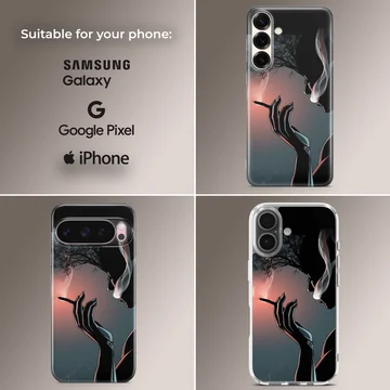 Digital illustration phone case featuring a shadowy silhouette holding a cigarette with swirling smoke against a sunset backdrop — Collage