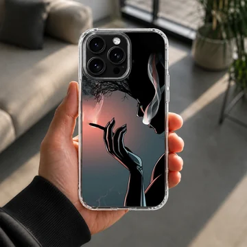 Digital illustration phone case featuring a shadowy silhouette holding a cigarette with swirling smoke against a sunset backdrop — Lifestyle