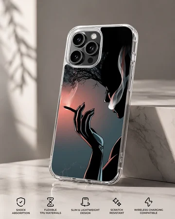 Digital illustration phone case featuring a shadowy silhouette holding a cigarette with swirling smoke against a sunset backdrop — Specs