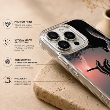 Digital illustration phone case featuring a shadowy silhouette holding a cigarette with swirling smoke against a sunset backdrop — Info