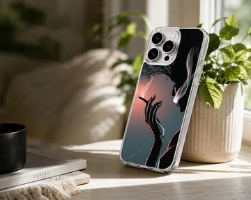 Digital illustration phone case featuring a shadowy silhouette holding a cigarette with swirling smoke against a sunset backdrop — Lifestyle