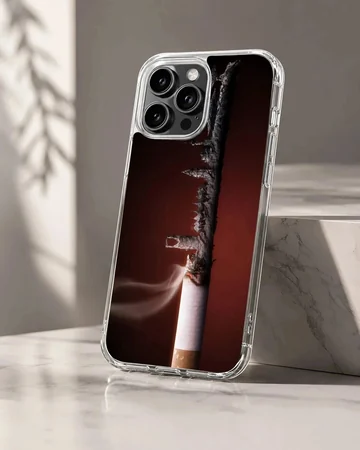 Close-up photographic print of a burning cigarette against a dark red background on a phone case