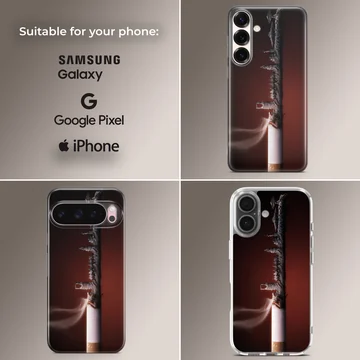 Close-up photographic print of a burning cigarette against a dark red background on a phone case — Collage