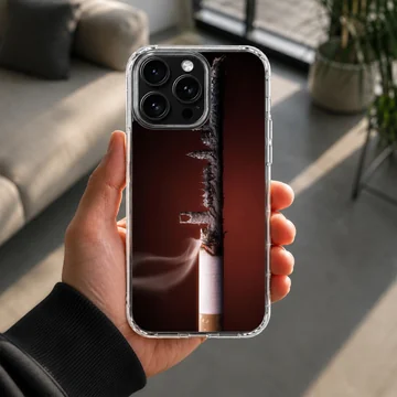 Close-up photographic print of a burning cigarette against a dark red background on a phone case — Lifestyle