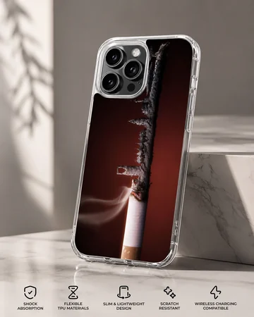 Close-up photographic print of a burning cigarette against a dark red background on a phone case — Specs