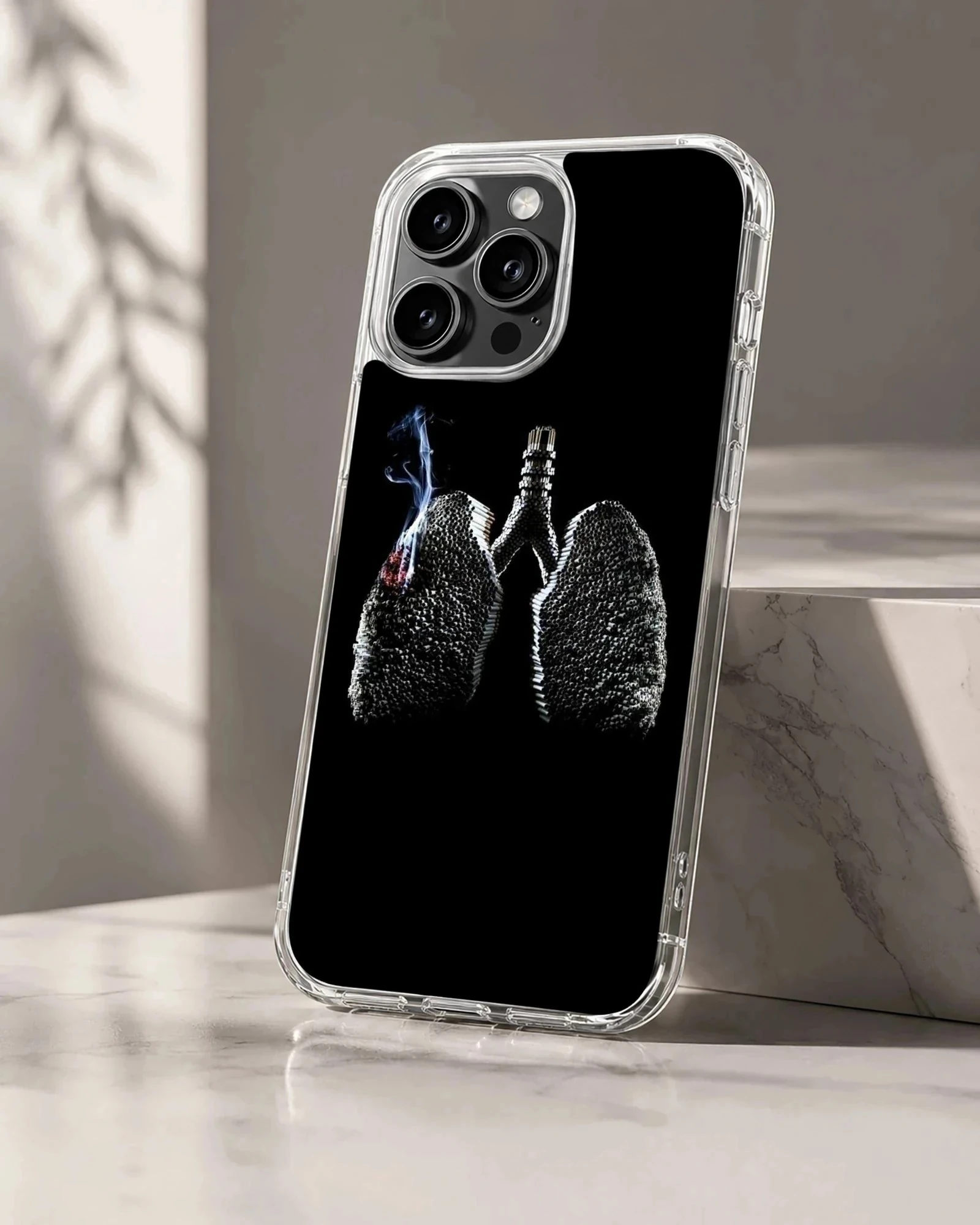 Cigarette matchstick lungs illustration on a black matte phone case