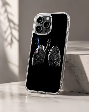 Cigarette matchstick lungs illustration on a black matte phone case — Hero