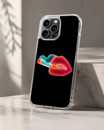 Neon lips and cigarette graphic printed on a phone case