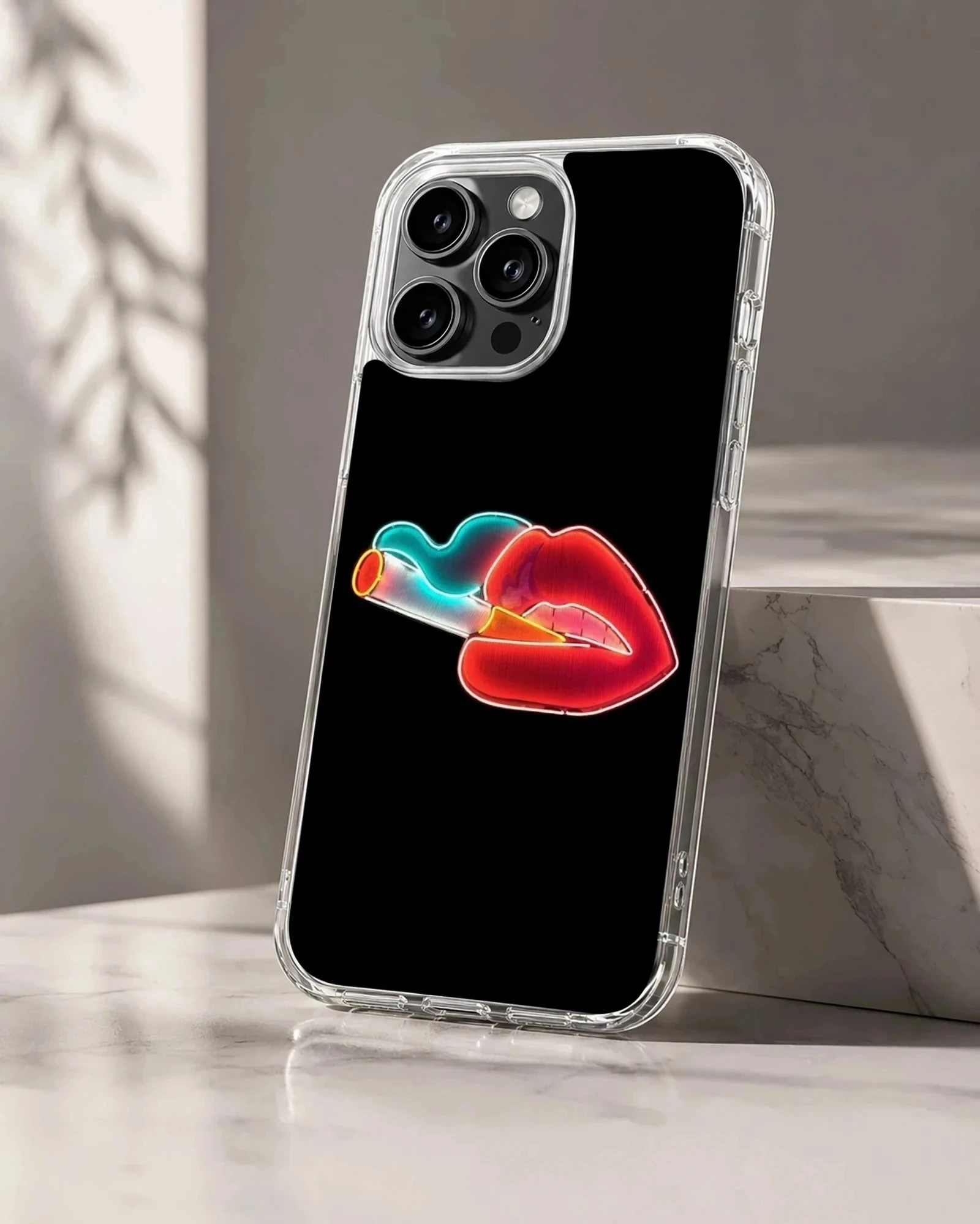 Neon lips and cigarette graphic printed on a phone case