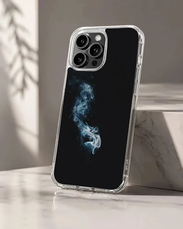 A close-up of a slim phone case featuring delicate wisps of white and blue smoke against a solid black background phone case