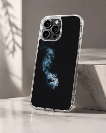 A close-up of a slim phone case featuring delicate wisps of white and blue smoke against a solid black background phone case — Hero