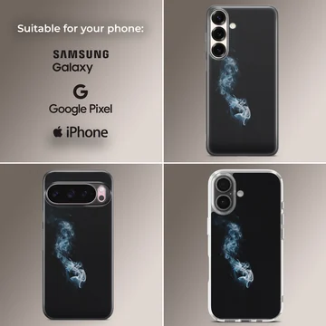 A close-up of a slim phone case featuring delicate wisps of white and blue smoke against a solid black background phone case — Collage