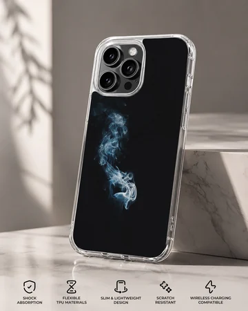 A close-up of a slim phone case featuring delicate wisps of white and blue smoke against a solid black background phone case — Specs