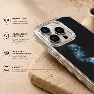 A close-up of a slim phone case featuring delicate wisps of white and blue smoke against a solid black background phone case — Info