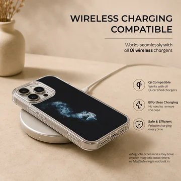 A close-up of a slim phone case featuring delicate wisps of white and blue smoke against a solid black background phone case — Charging